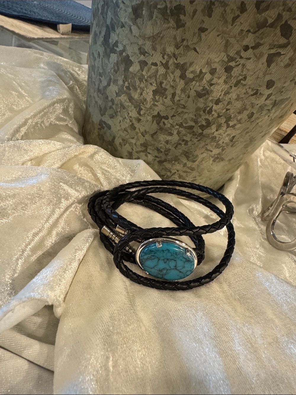 VTG Turquoise Stone Wrap Bracelet - Black Braided Leather
